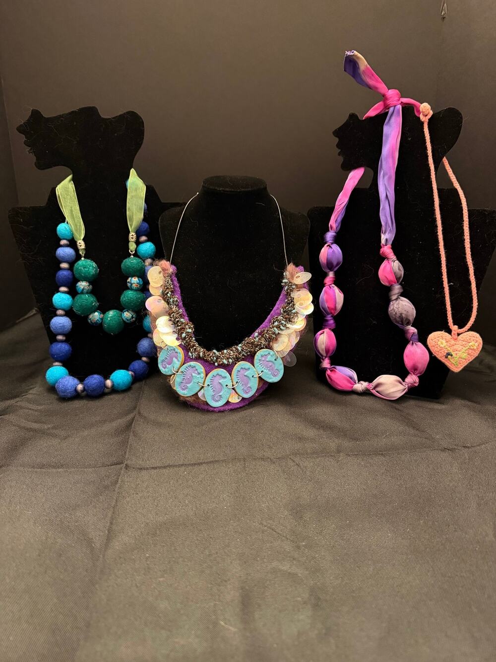 Boho Wearable Art Fiber Necklace Lot 5pc Felted Wool Silk Wrapped Mixed Media